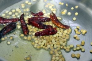 sauteing dry red chilies and chana dal for chutney