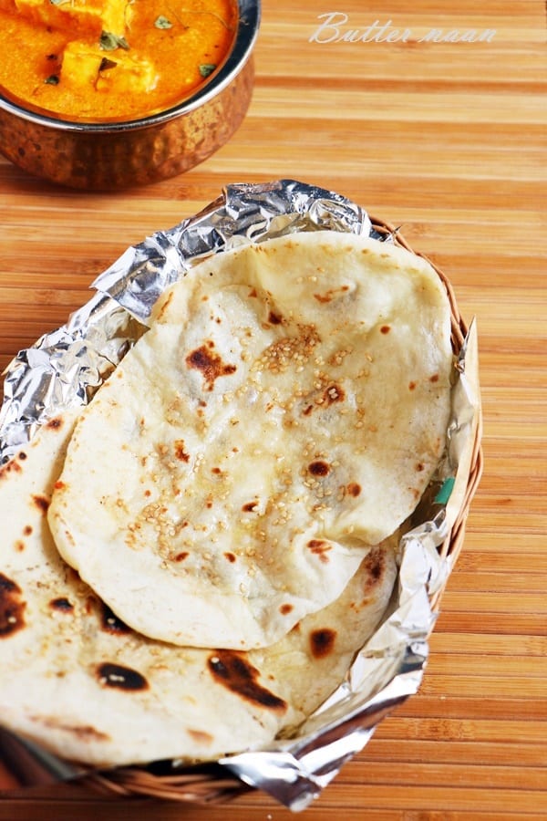 Restaurant style fluffy and light butter naan served with paneer butter masala 