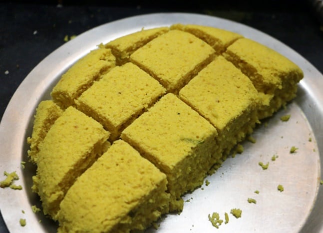 steamed khaman cut into squares