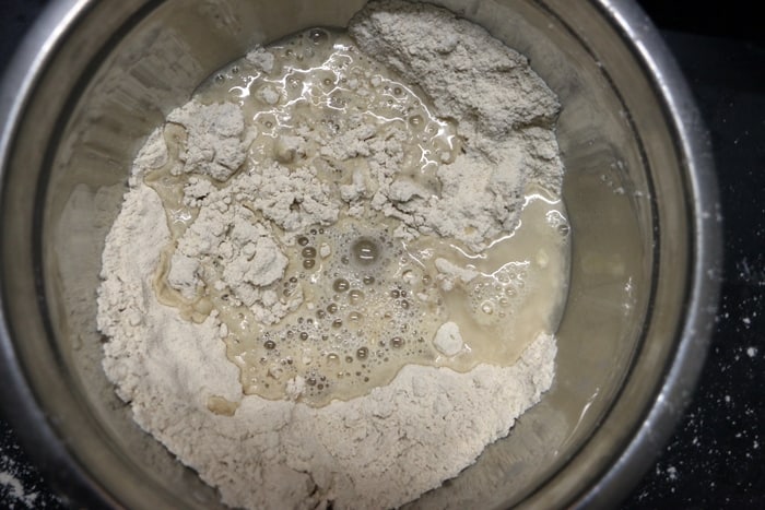 water added to flour mixture for making dough