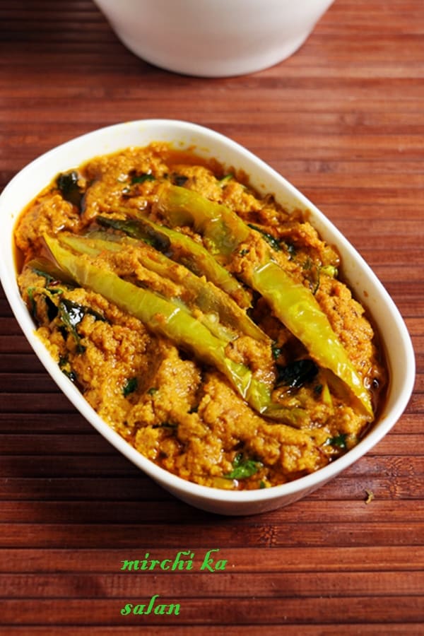 Hyderabadi mirchi ka salan served in a ceramic dish