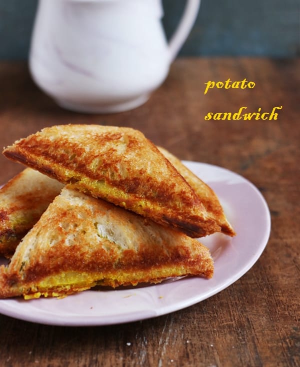 Stack of crispy toasted potato sandwich in a small snack plate