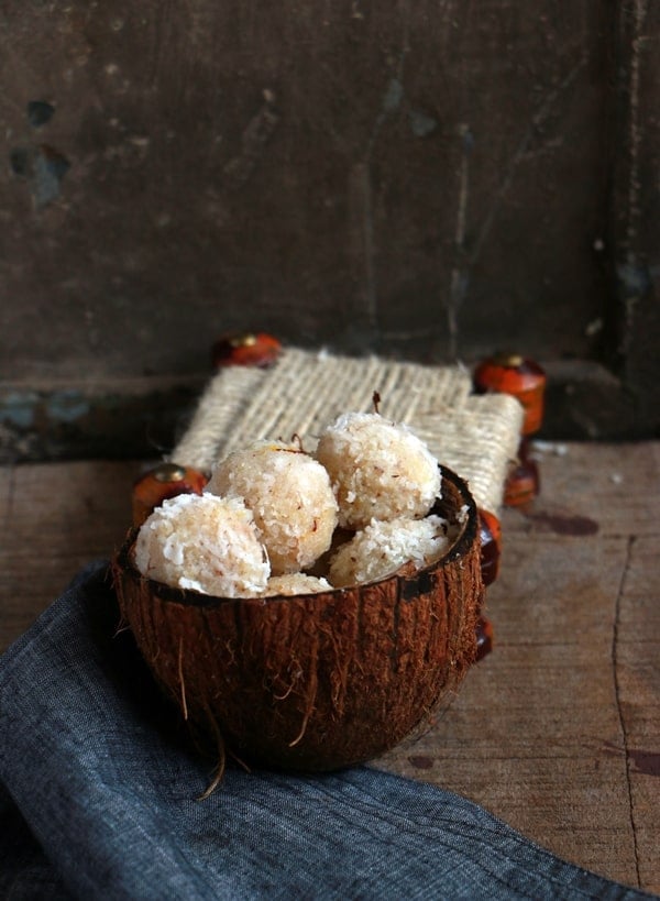 coconut ladoo served in coconut shell