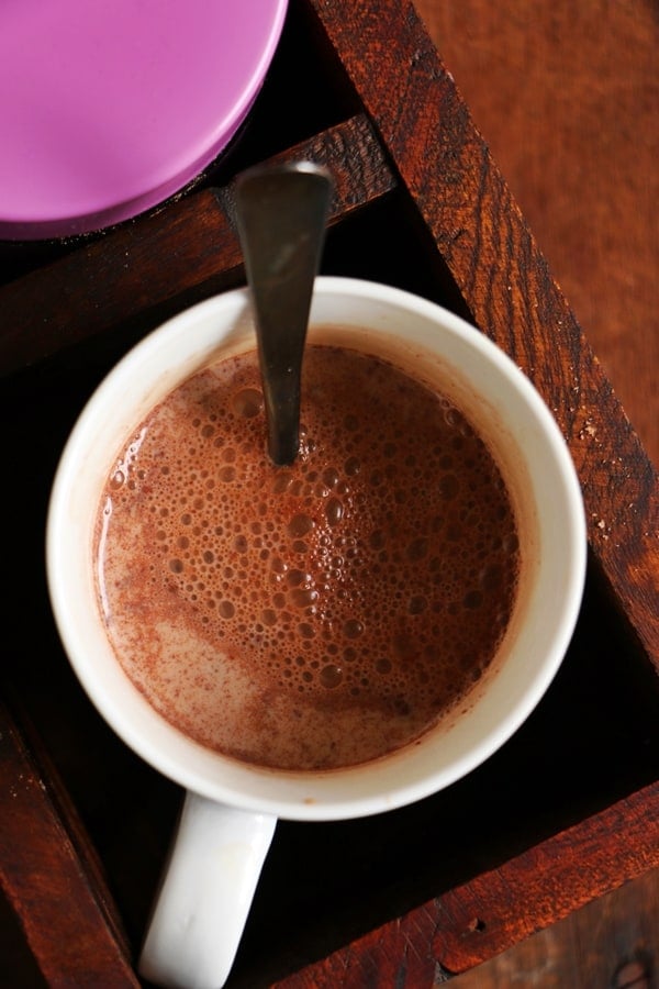 A mug of freshly made hot chocolate with homemade hot chocolate mix