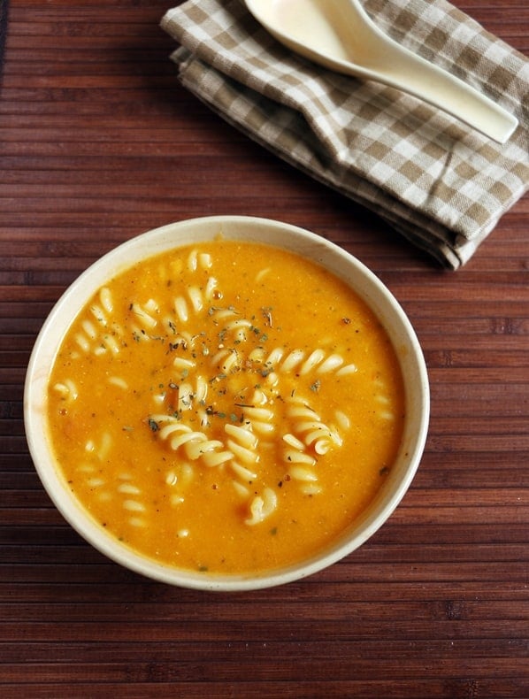 closeup shot of vegetable pasta soup