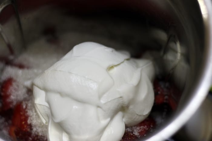 ingredients for strawberry milkshake in a blender jar