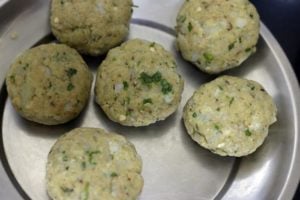 potato mixture divided and shaped for aloo tikki recipe