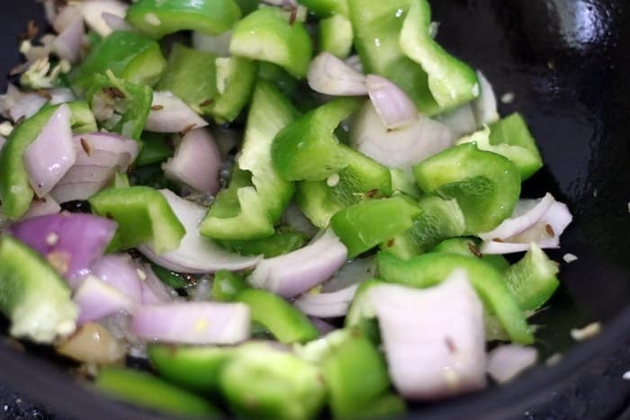 cubed onion and bell pepper added to the sautéed onions 