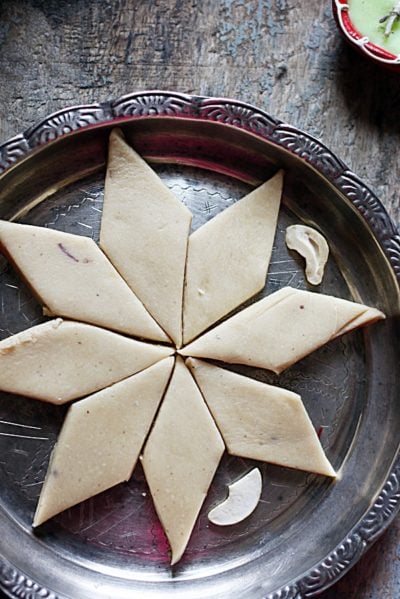 Soft melt in moutb kaju katli served in a silver plate