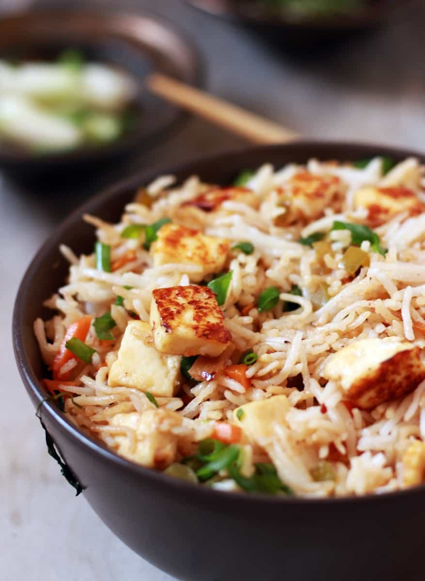 closeup shot of paneer fried rice