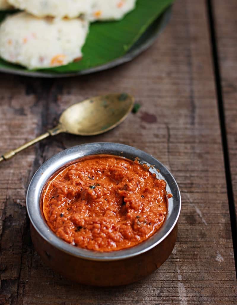 spicy and tangu, delicious kara chutney served with idli for breakfast.