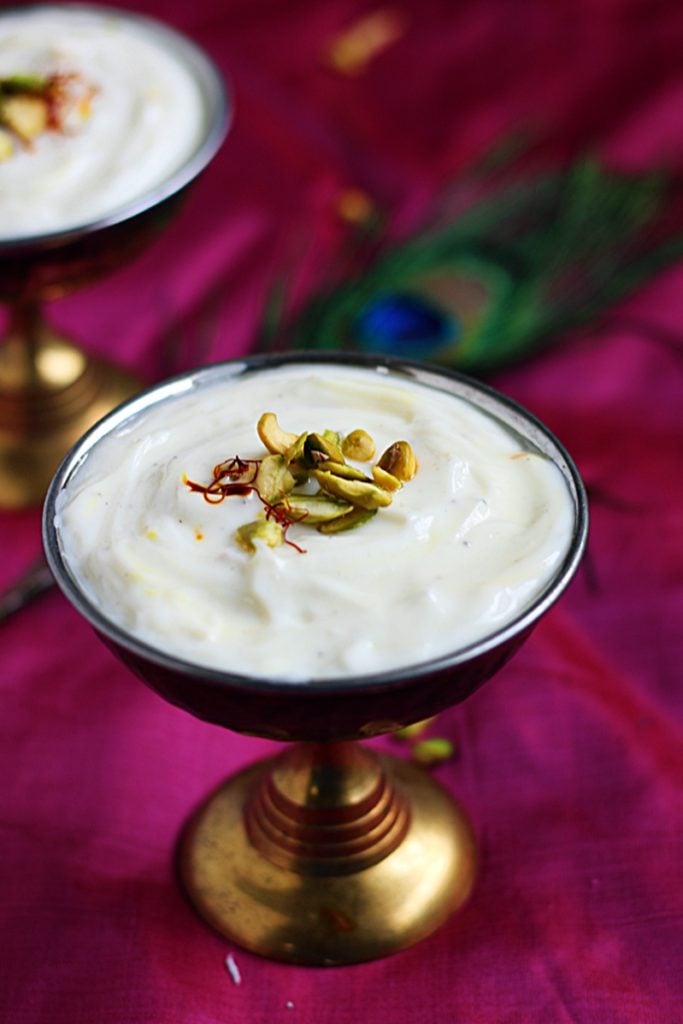 closeup of homemade kesar elaichi shrikhand 