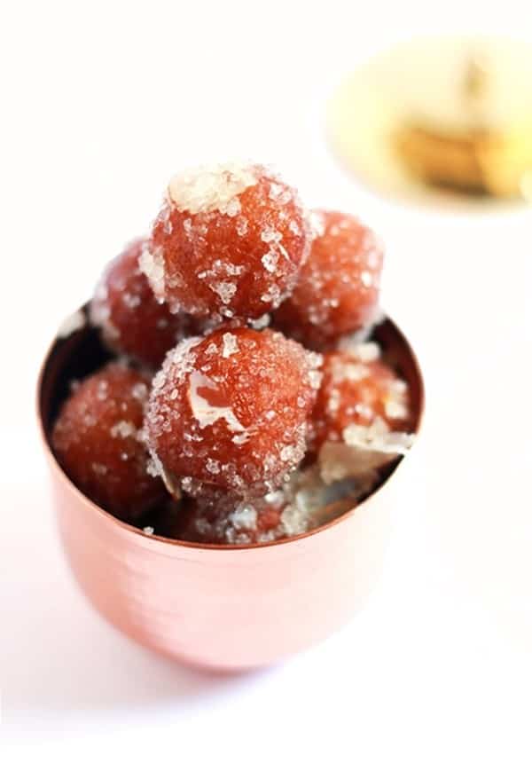 Fresh bread gulab jamun served in a copper bowl