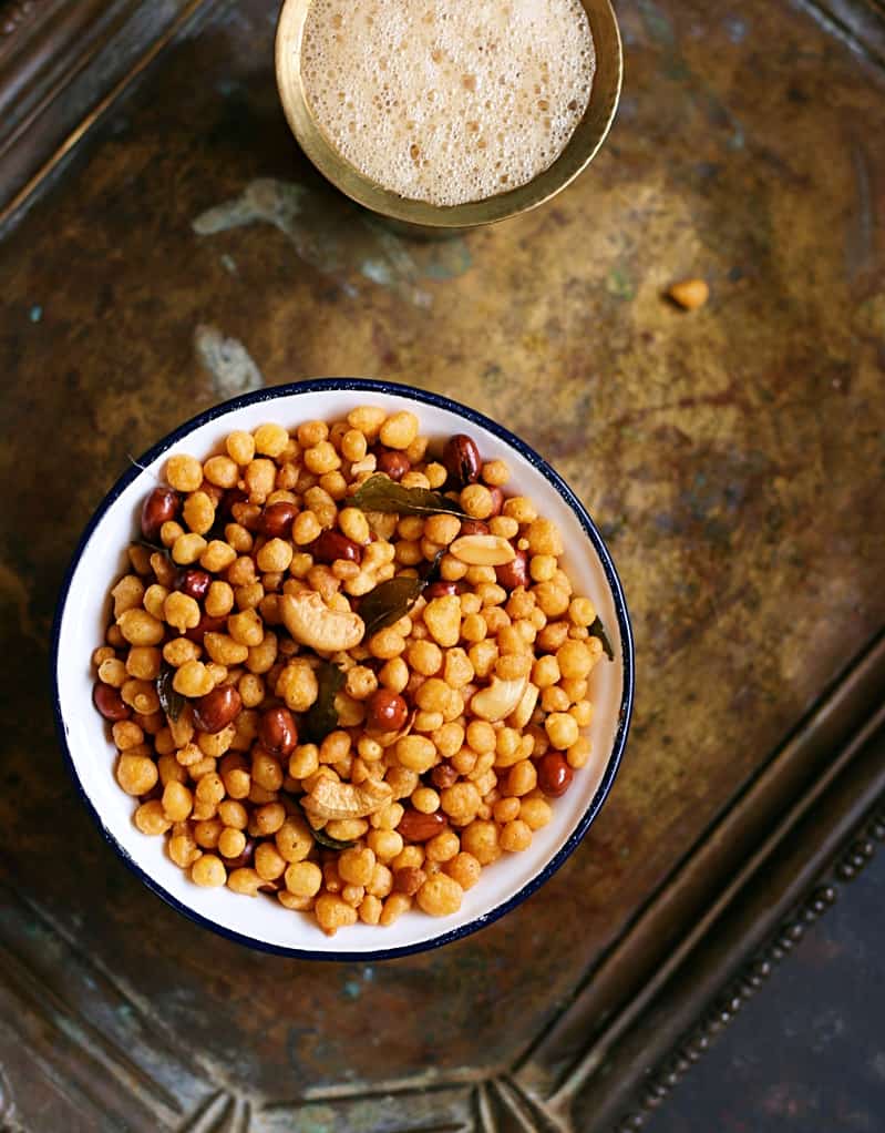 overhead shot of kara boondi served with coffee for snack