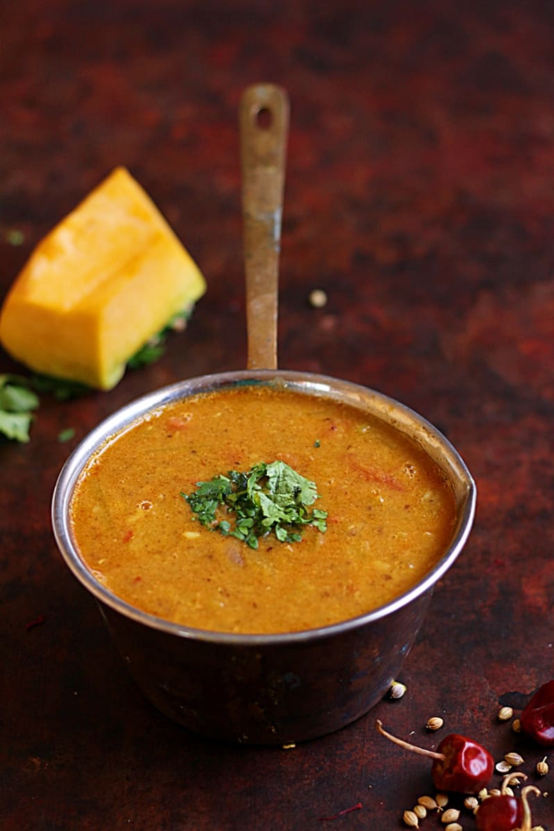 Hotel Sambar Recipe made with pumpkin served for idli