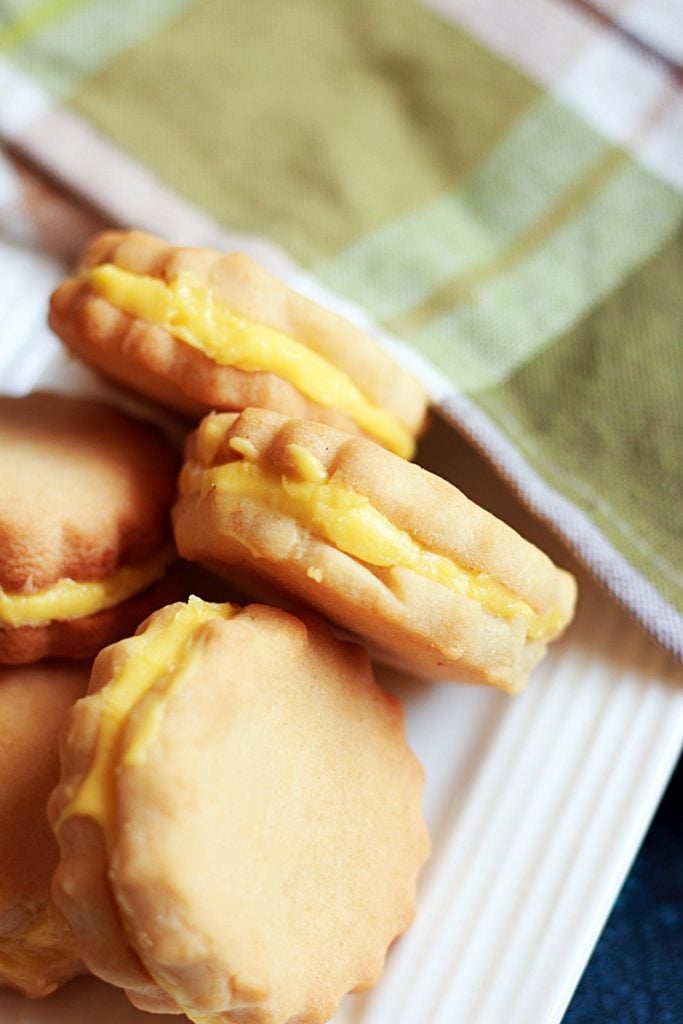 Closeup shot of homemade mango flavored custard creams in a white plate