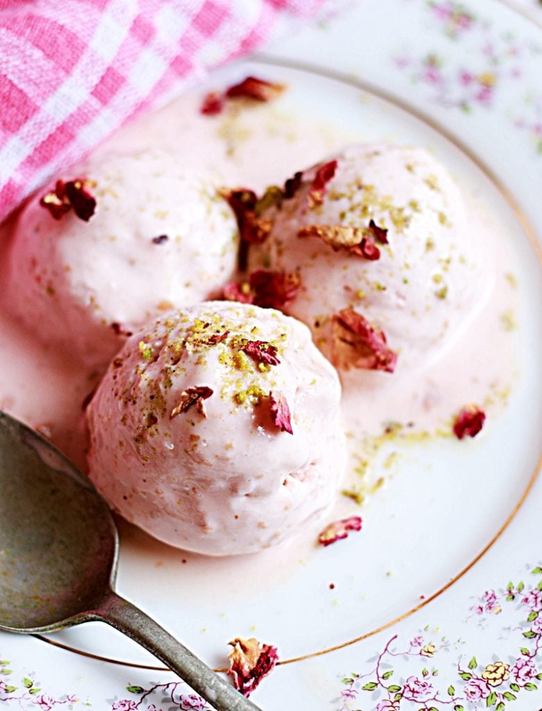 Three scoops of homemade rose ice cream