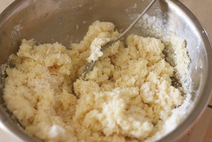 desiccated coconut mixed with sweetened condensed milk for making bounty bars