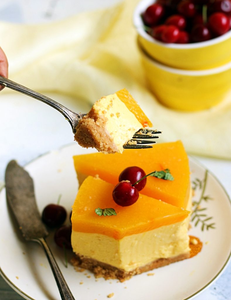 closeup shot of mango cheesecake