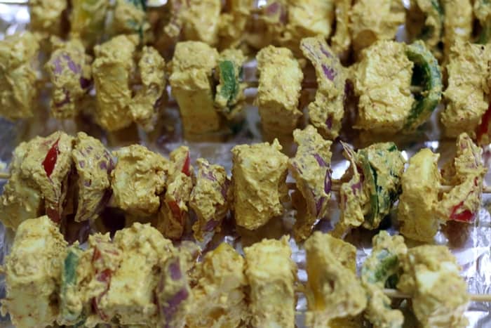 skewered paneer and veggies for paneer tikka recipe