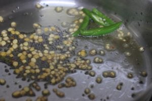 frying mustard seeds, urad dal, chana dal and green chilies in oil