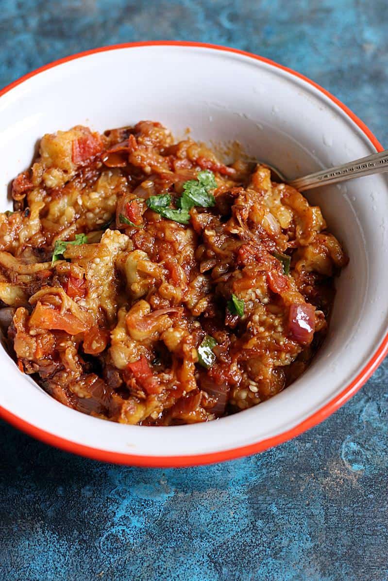 baingan bharta ready to serve- Eggplant bharta in a bowl/.