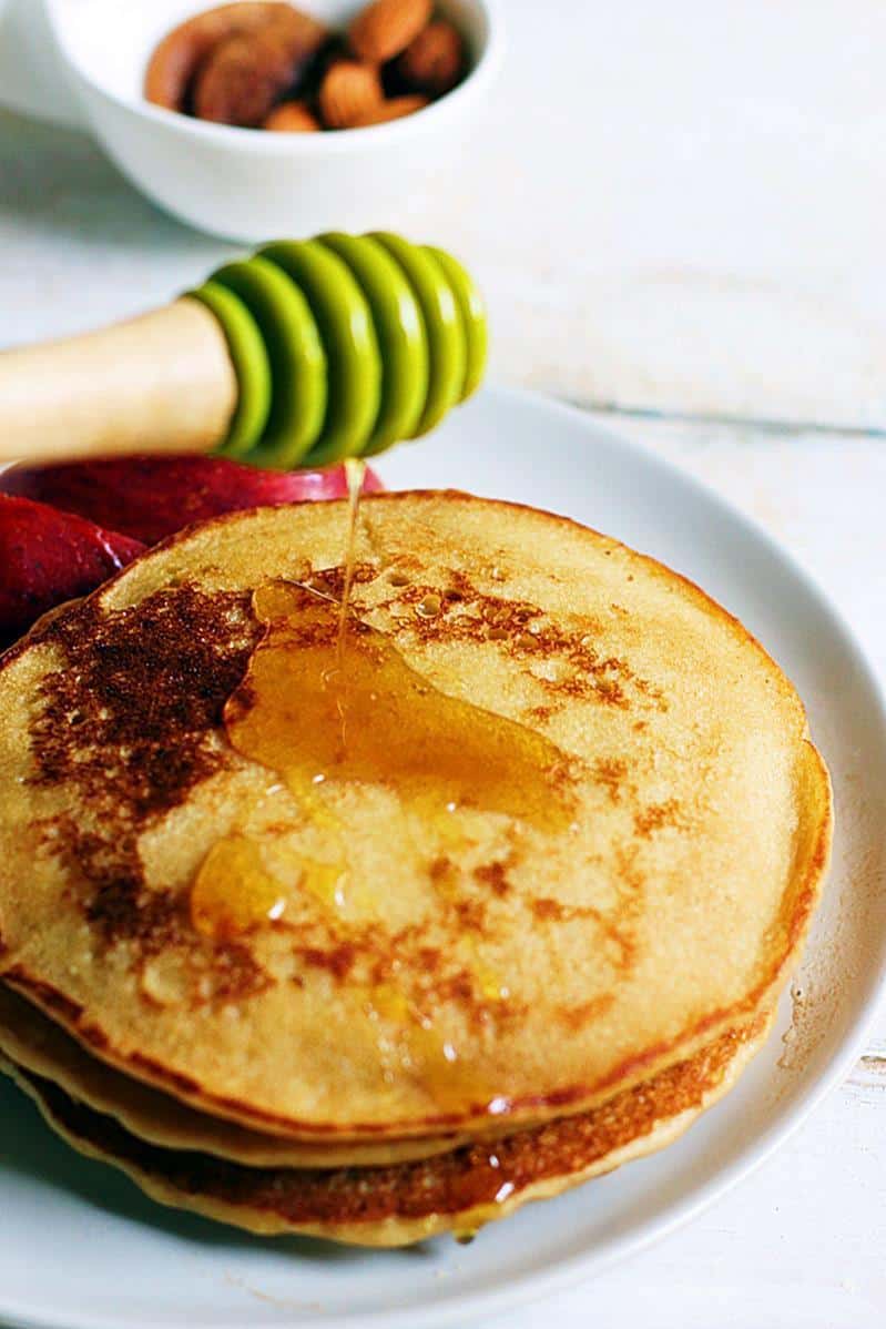 eggless pancake served with honey for breakfast