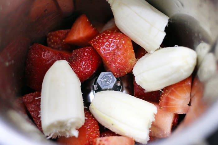 chopped berries and bananas for strawberry banana smoothie recipe