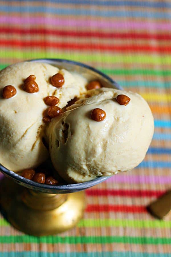 closeup of homemade egg free butterscotch ice cream.