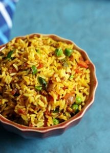 vegan and gluten free masala rice served in a rice bowl for lunch.