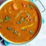 delicious homemade sambar served in a enamel pan