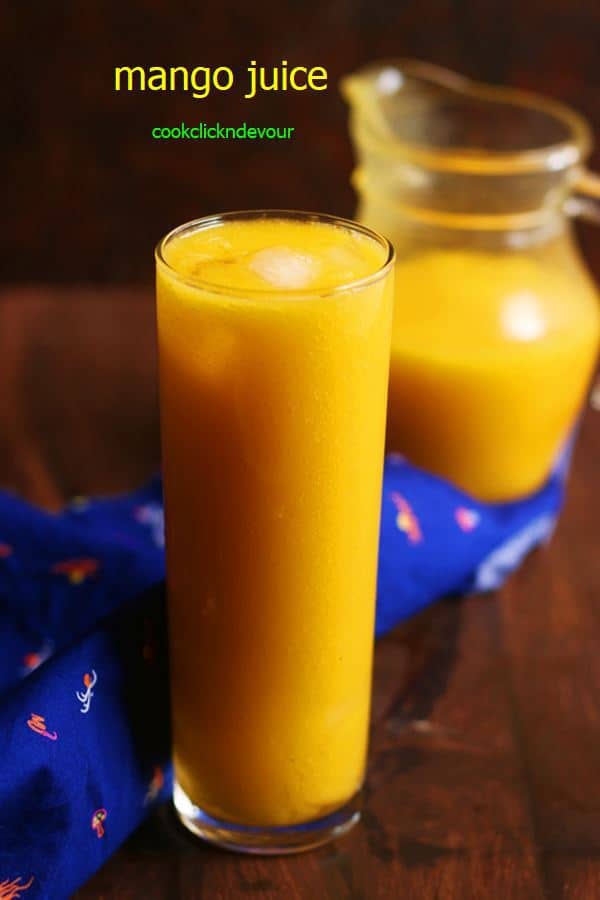 Homemade mango juice recipe with 3 ingredients served in tall glass with ice cubes.