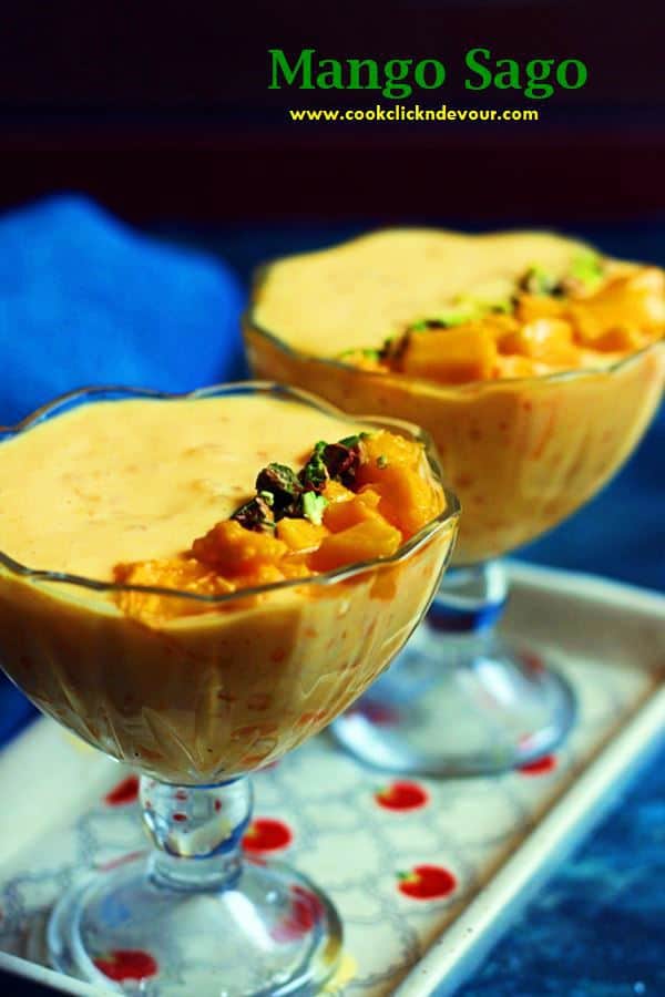 Mango sago dessert served in footed ice cream bowls, topped with nuts