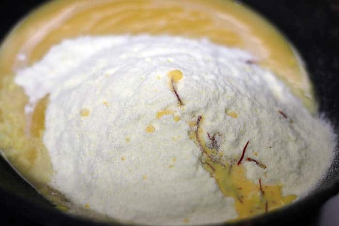 Condensed milk mixed with milk powder and saffron soaked milk