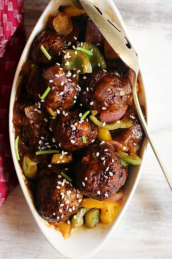 restaurant style vegetarian manchurian balls in a sticky sauce