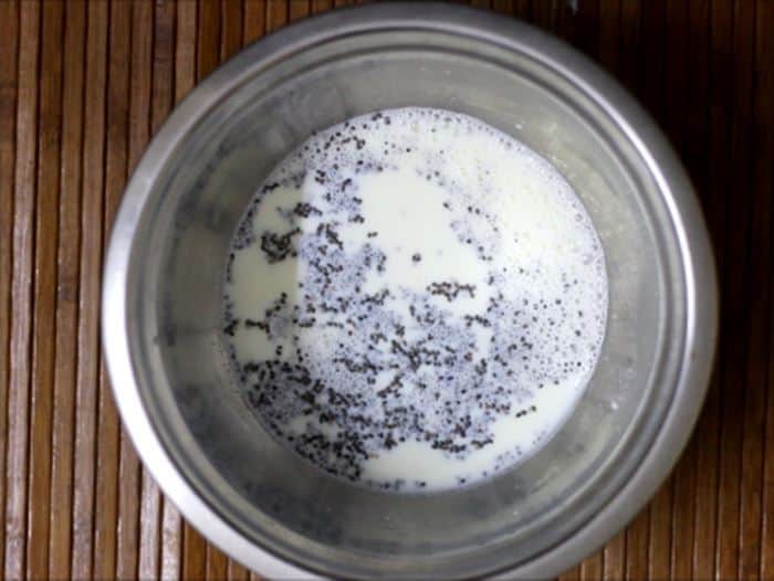 Adding chia seeds to milk for chia pudding recipe