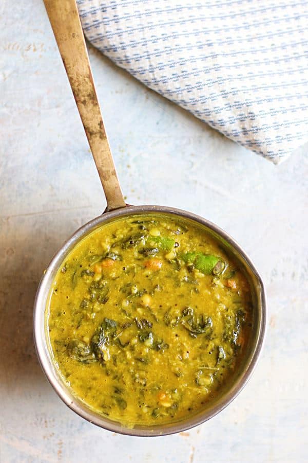 Overhead shot of easy no grind manathakkali keerai kootu served for lunch