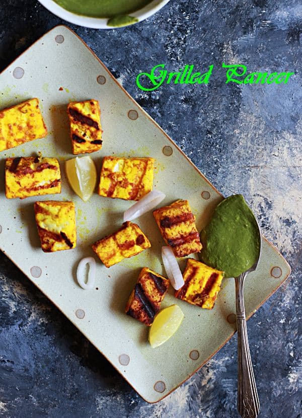 grilled paneer recipe served with green chutney