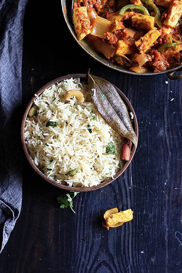 cumin rice served with kadai paneer