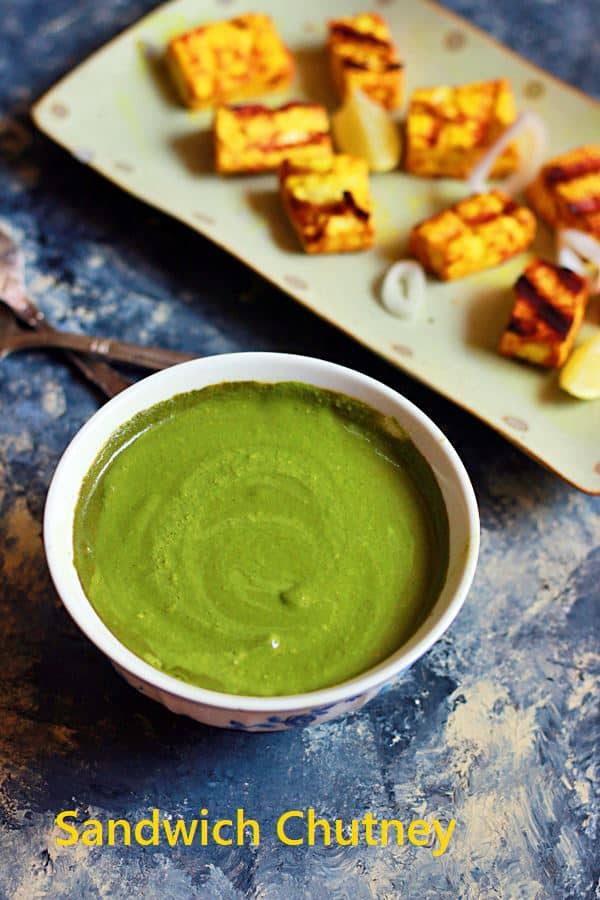Delicious sandwich chutney served in a bowl with grilled paneer pieces