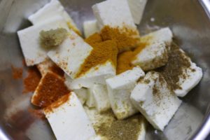 adding spice powders to paneer cubes