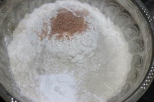 Wheat flour, salt, baking powder in a mixing bowl.