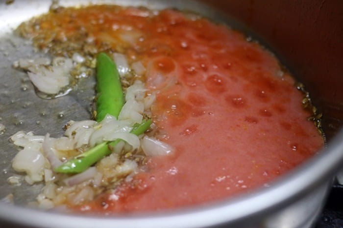 sauteing tomato puree for aloo matar recipe