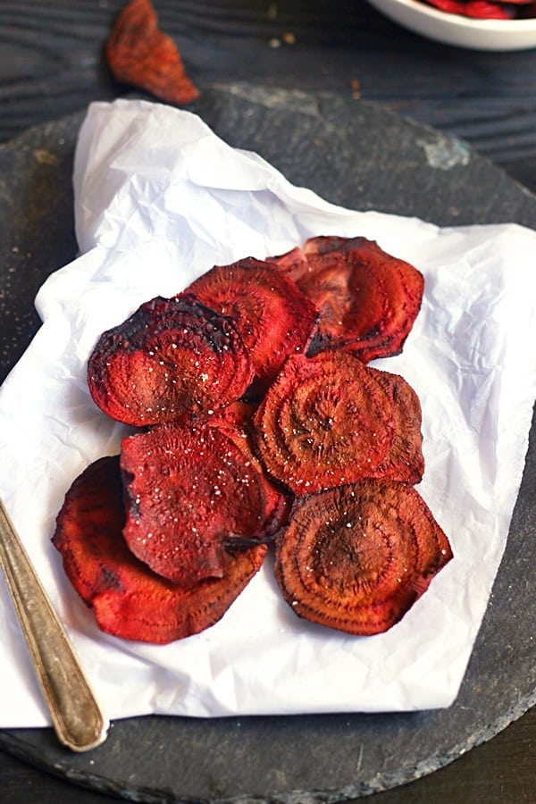 Crispy baked beet chips served with a sprinkle of sea salt