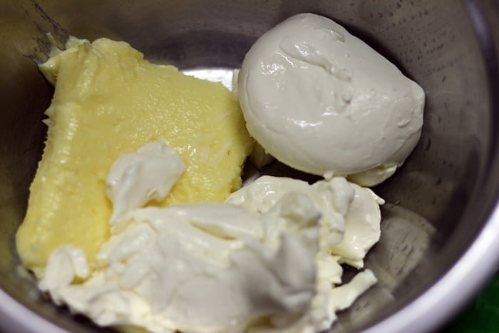 mixing butter and cream cheese for making cream cheese cake recipe