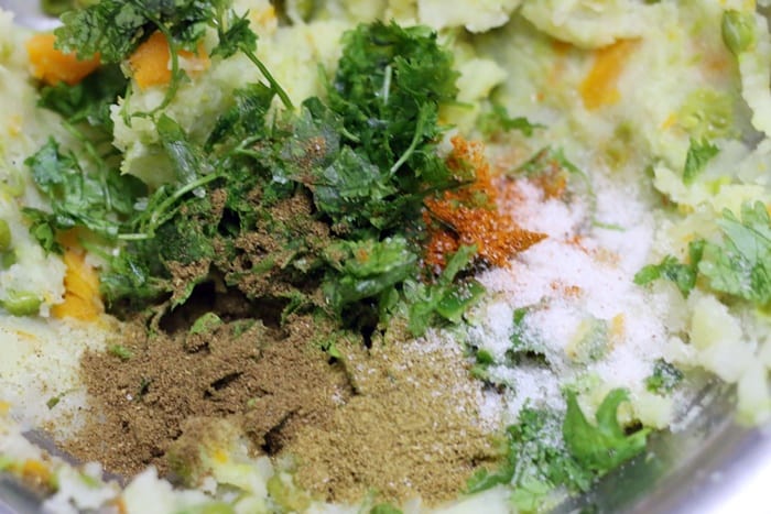 seasoning the mashed veggies for veg nuggets recipe