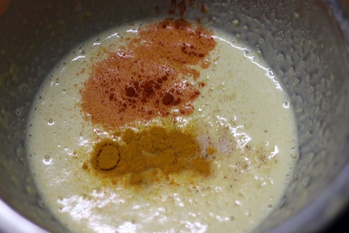Spice powders added to chickpea slurry for making savory vegan french toast recipe