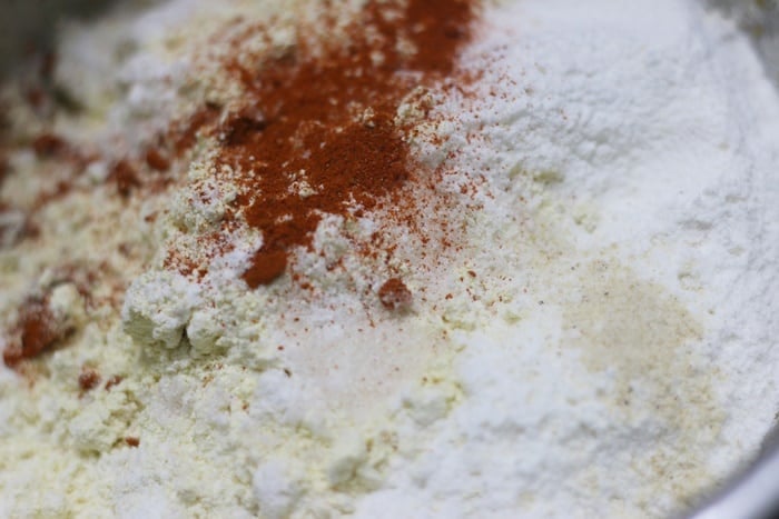 Gram flour, red chili powder and salt added to rice flour