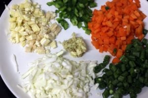chopped vegetables for making fried rice