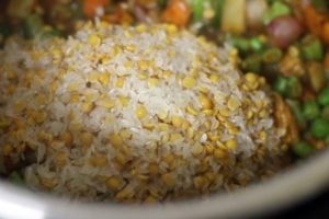 rice and dal added to vegetables